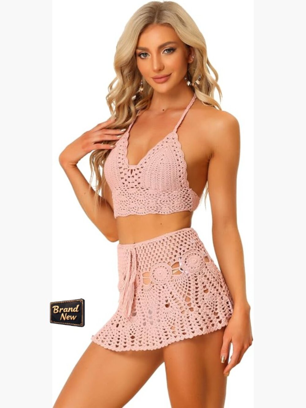 Crochet Knit 2 Piece Bikini Set - Hollow Out Cami Top & Mini Skirt